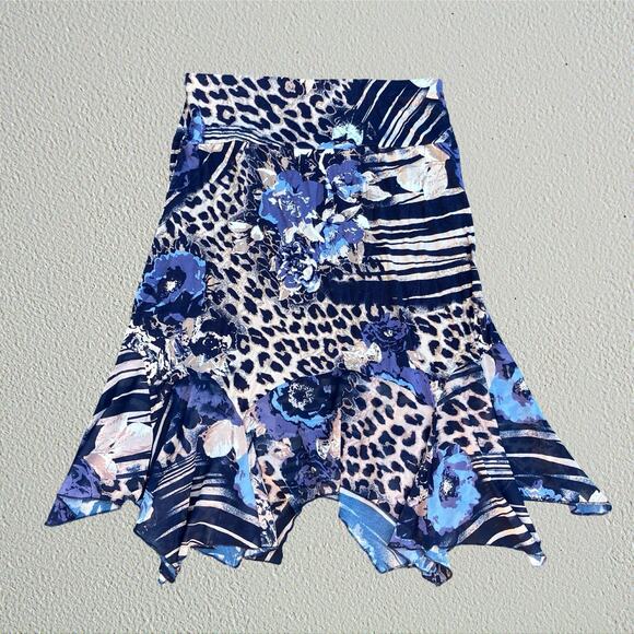 Blue leopard floral handkerchief hem midi skirt, Y2K bohemian eclectic hippie - Picture 3 of 5